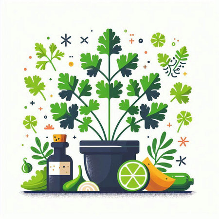 Flat vector illustration with herbs, fruits and vegetables in a pot.のイラスト素材