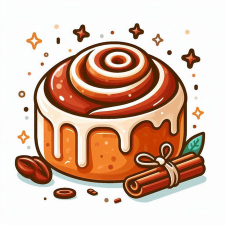Cinnamon roll with cream and cinnamon. Hand drawn vector illustration.のイラスト素材