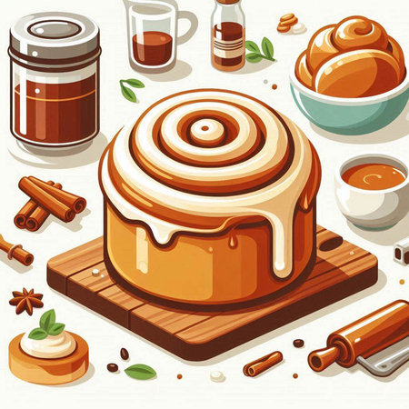 Cinnamon rolls and spices on wooden board. Vector cartoon illustration.のイラスト素材