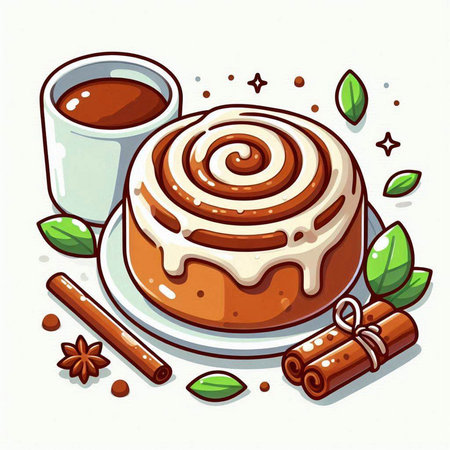 Cinnamon roll with whipped cream and cinnamon sticks. Vector illustration.のイラスト素材