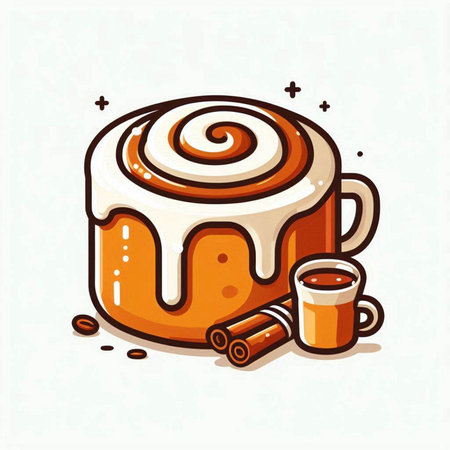 Cinnamon roll and cup of coffee on white background. Vector illustration.のイラスト素材