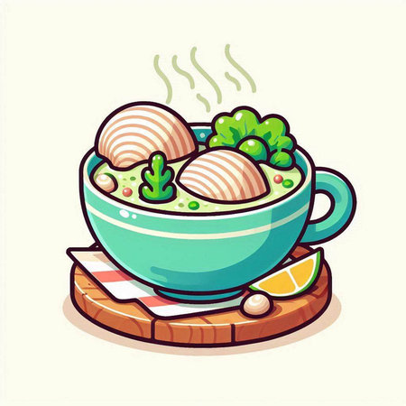 Vector illustration of a bowl of soup with chicken fillet and vegetablesのイラスト素材
