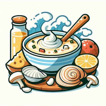 Illustration of a bowl of cream soup with ingredients in the backgroundのイラスト素材