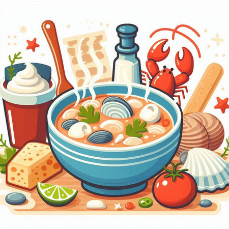 Seafood soup in a bowl. Vector illustration in cartoon style.のイラスト素材