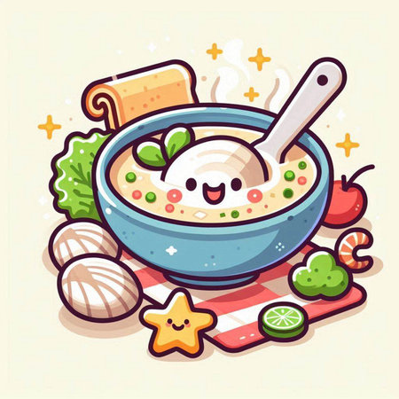 Bowl of soup with ice cream and ingredients. Vector illustration.のイラスト素材