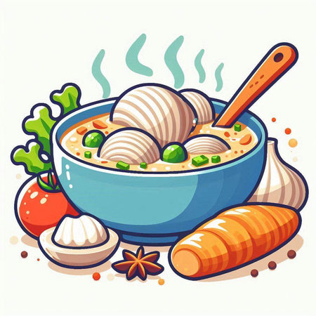 Illustration of a bowl of soup with dumplings and vegetablesのイラスト素材