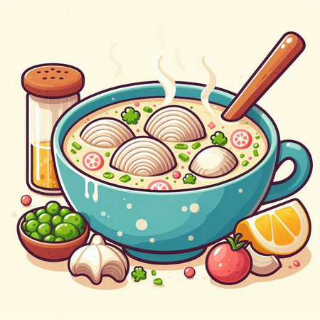 Illustration of a bowl of soup with dumplings and ingredientsのイラスト素材