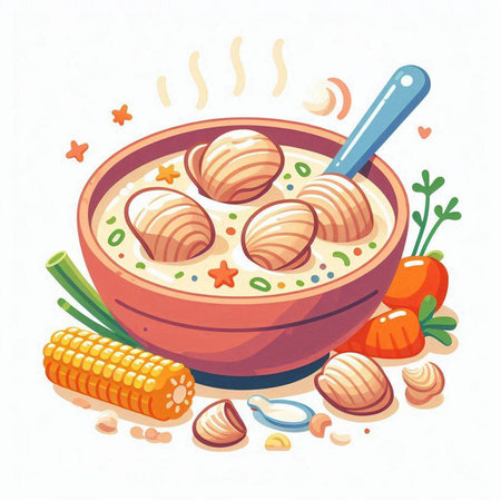 Vector illustration of a bowl of soup with meatballs and vegetables.のイラスト素材