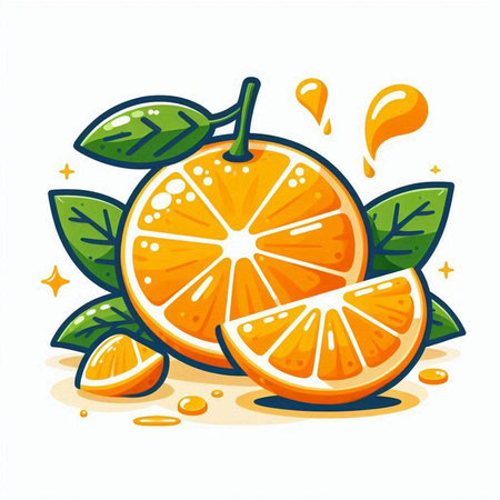 Orange fruit with green leaves and drops of juice. Vector illustration.のイラスト素材