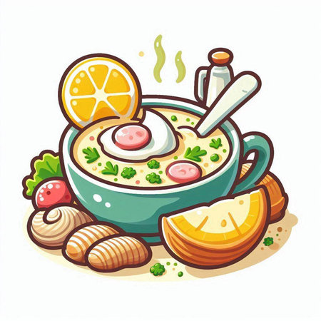 Vector illustration of a bowl of soup with eggs, lemon and parsleyのイラスト素材