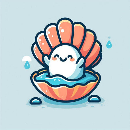 Cute sea shell character. Vector flat cartoon illustration. Isolated on blue background.のイラスト素材