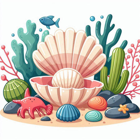 Illustration of a shell on the sand with corals and algaeのイラスト素材
