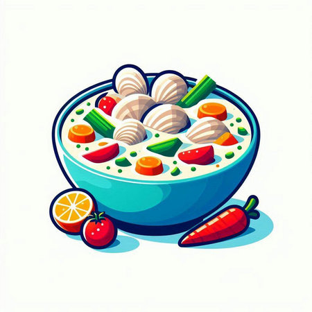 Vector illustration of a bowl of chicken soup with vegetables and fruits.のイラスト素材