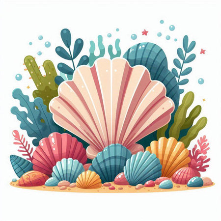 Sea shells and seaweed. Underwater world. Vector illustration.のイラスト素材