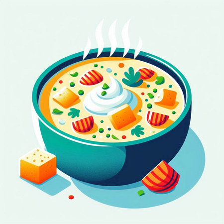 Illustration of a bowl of chicken soup with cheese and sour creamのイラスト素材
