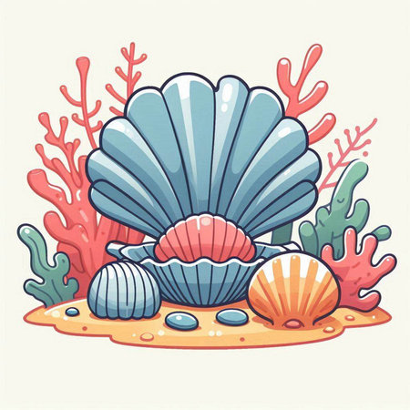 Cartoon sea shell and corals. Underwater world. Vector illustrationのイラスト素材