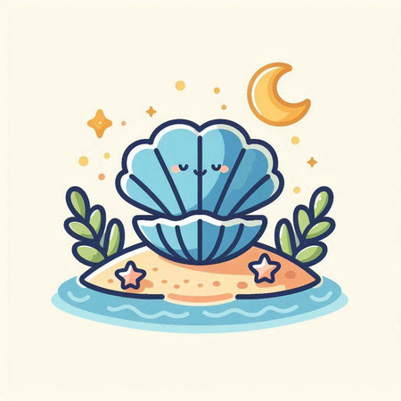 Cute cartoon sea shell with star and moon. Vector illustration.のイラスト素材