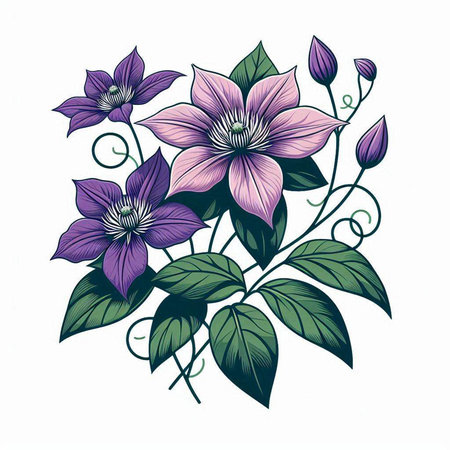 vector clematis isolated on white background. Hand drawn illustration.のイラスト素材