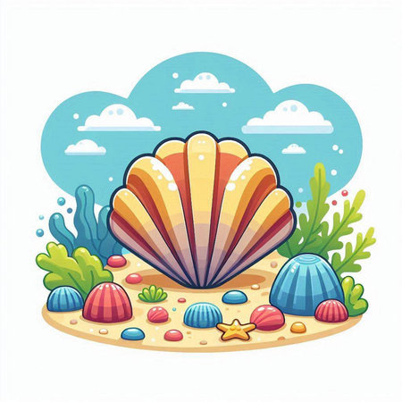 Illustration of a colorful seashell on the seashore.のイラスト素材