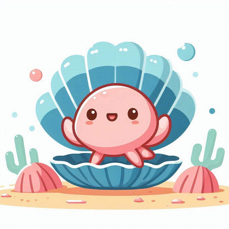 Illustration of a Cute Smiling Crab in a Seashellのイラスト素材
