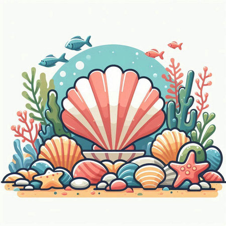 Sea background with shells, corals and starfish. Vector illustration.のイラスト素材