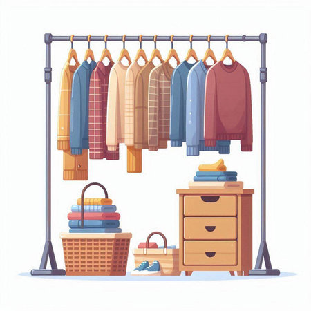 Clothes rack with clothes and accessories. Vector illustration in cartoon styleのイラスト素材
