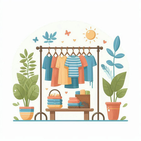 Clothes hanging on the clothes rack. Vector illustration in flat styleのイラスト素材