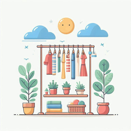 Flat design vector illustration concept of home interior in modern flat style. Laundry room with hangers, dryer, potted plants.のイラスト素材