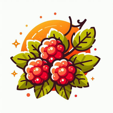 Vector illustration of berry raspberry on white background with sun and stars.のイラスト素材