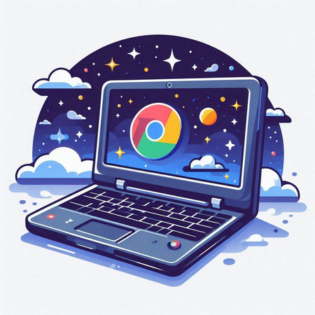 Illustration of a Laptop with a Cloudy Night Landscapeのイラスト素材