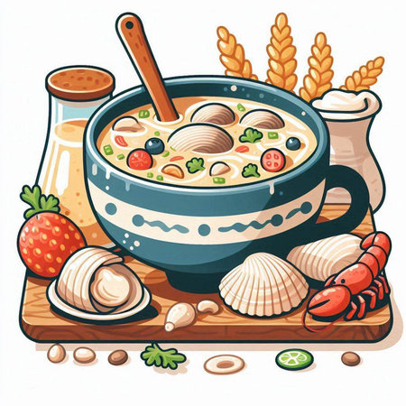 Vector illustration of a bowl of porridge with vegetables and seafood.のイラスト素材