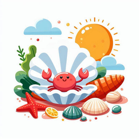 Cute cartoon crab in seashell with starfish and shells. Vector illustration.のイラスト素材