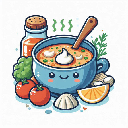Cute vector illustration of a bowl of soup with vegetables and spicesのイラスト素材
