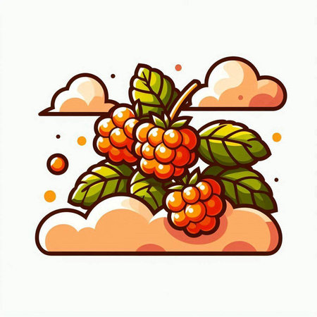 Vector illustration of a bunch of ripe raspberries with leaves on a white background.のイラスト素材