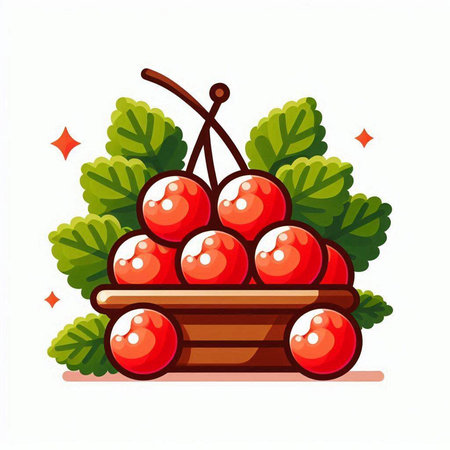 Cherry in a wooden basket on a white background. Vector illustration.のイラスト素材