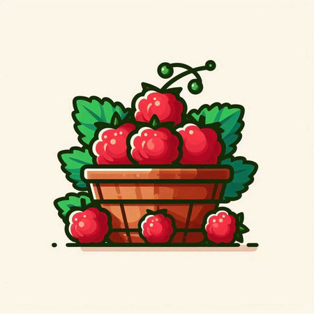 Raspberry basket with ripe berries. Vector illustration in cartoon style.のイラスト素材