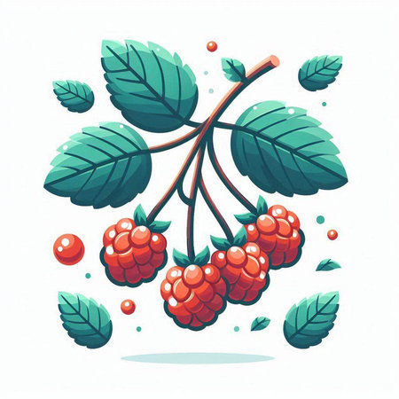 Raspberry branch with berries and leaves isolated on white background. Vector illustration.のイラスト素材