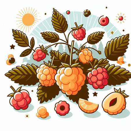 Raspberries on a branch with leaves and fruits. Vector illustration.のイラスト素材