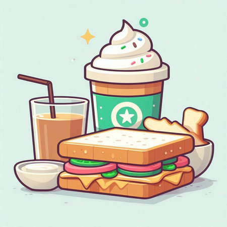 Fast food. Vector illustration of a sandwich with ice cream and coffee in a glass.のイラスト素材