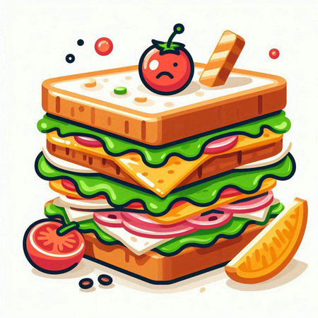 Sandwich with ham, cheese, tomato and lettuce. Vector illustration.のイラスト素材