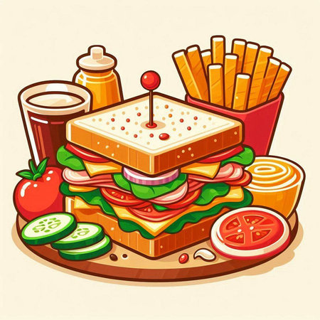 Illustration of a sandwich with french fries and tomato juice. Vector illustration.のイラスト素材