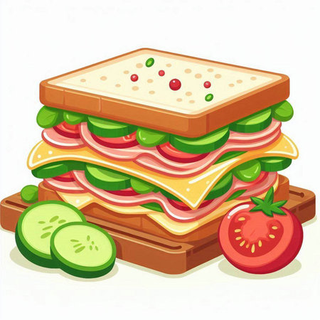 Sandwich with ham, cheese, tomato and cucumber. Vector illustration.のイラスト素材