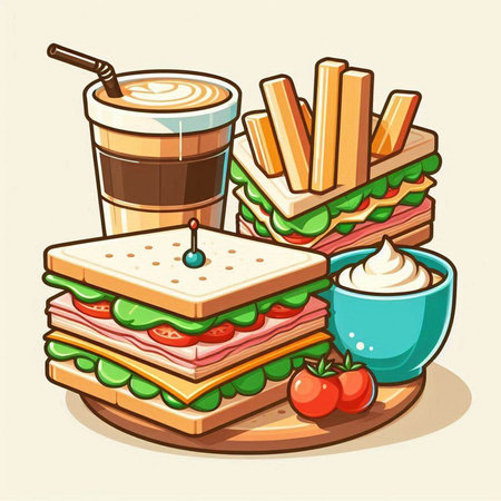 Sandwich with coffee and french fries. Vector illustration of a sandwich with coffee and fries.のイラスト素材