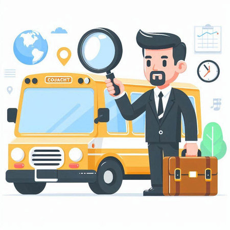 Businessman looking through magnifying glass at school bus. Vector illustration.のイラスト素材