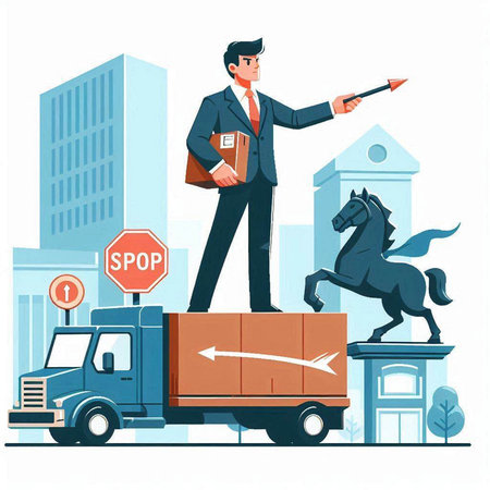 Vector illustration of a man in a business suit standing on top of a truck with a briefcase and a horse.のイラスト素材