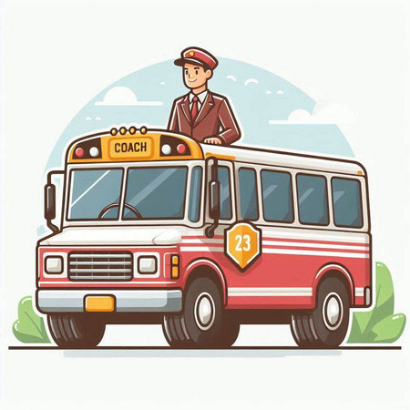 Vector illustration of a school bus driver in uniform on the road.のイラスト素材