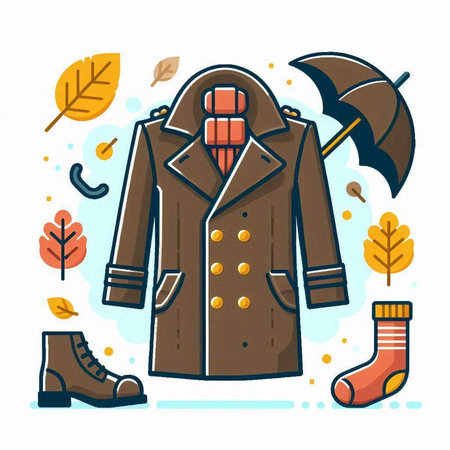 Vector illustration of a coat, umbrella, boots and autumn leaves.のイラスト素材