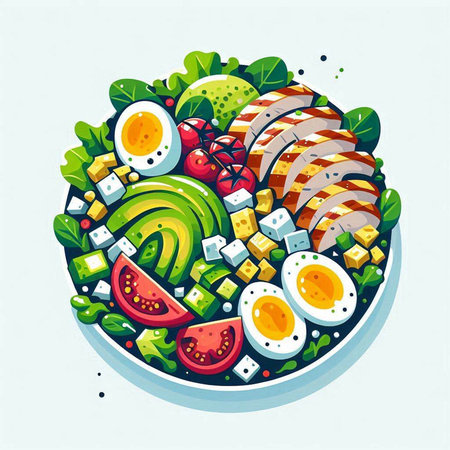 Healthy salad with avocado, tomato, feta cheese and cucumber. Vector illustration.のイラスト素材