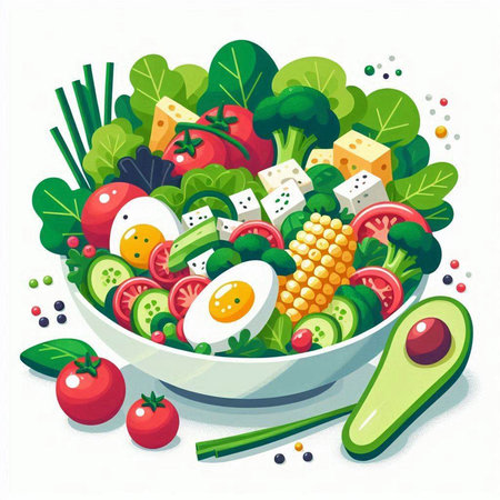 Vegetable salad with eggs, tomato, cucumber and corn in a bowlのイラスト素材
