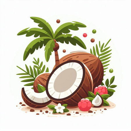 Coconut vector illustration. Coconut with leaves and berries. Coconut vector illustration.のイラスト素材